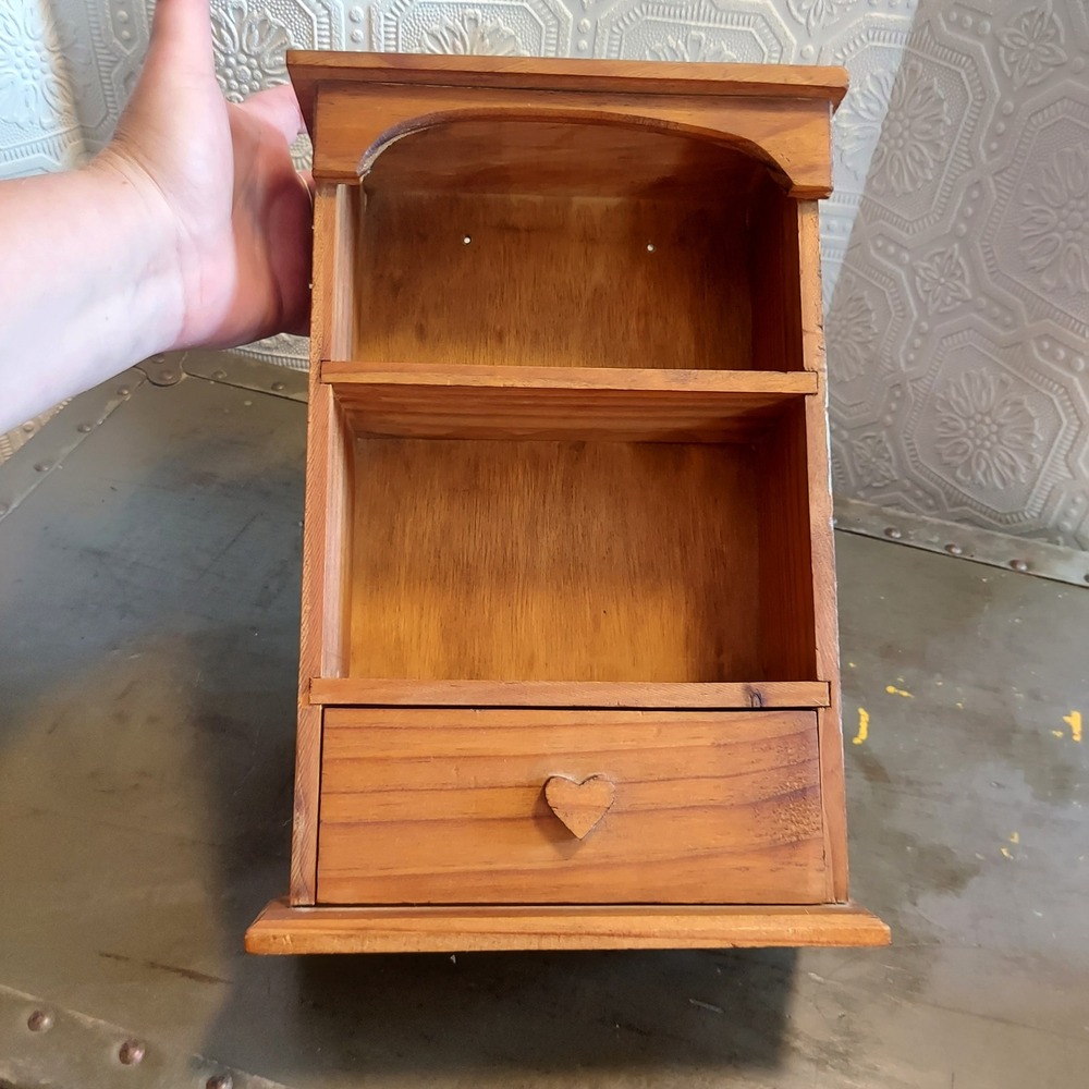 Vintage Wooden Wall Shelf with Heart Drawer Pull Rustic 2-Tier Organizer 12x8x4